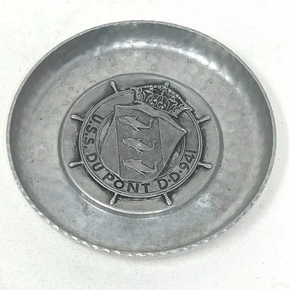 Vintage USS DuPont DD 941 Pewter Trinket Dish, Destroyer Military Ship, Du Pont